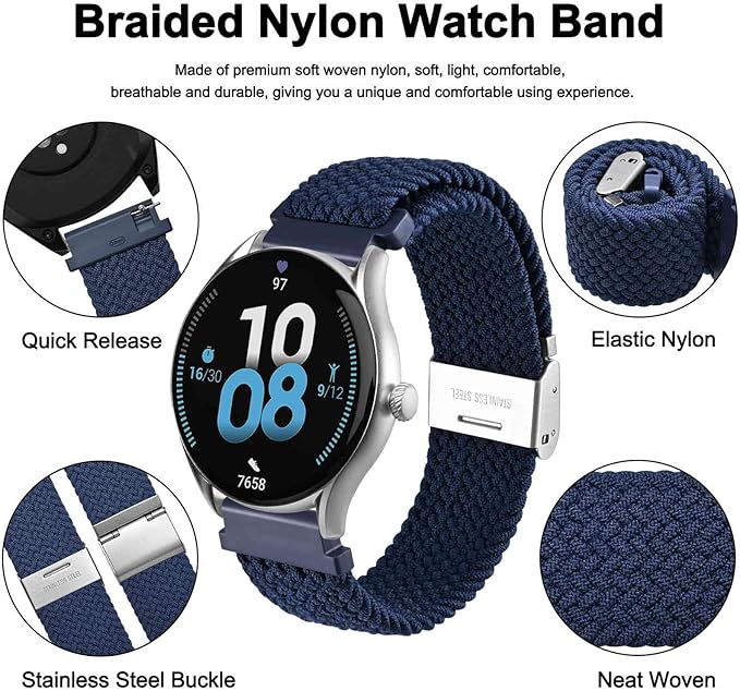 WOCCI 18mm Braided Nylon Watch Band for Men and Women, Quick Release, Silver Stainless Steel Buckle (Blue)