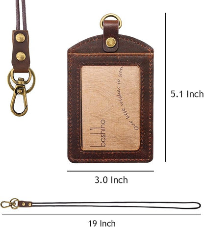 Badge Holder: Boshiho Cowhide Leather ID Badge Card Holder with 19" Neck Lanyard, Vertical Style (Dark Brown)