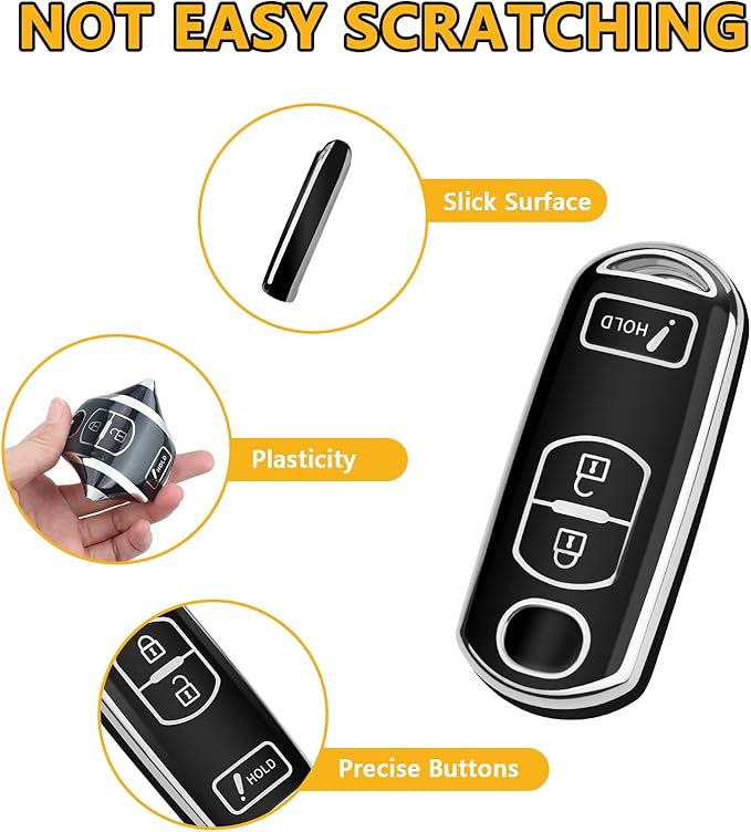 FT FUNTOR for Mazda Key Cover,3 Buttons TPU Key Cover with Silver Edge,Compatible with Mazda 3 6 CX-3 CX-5 CX-7 CX-9 with Keychain (B-Black)