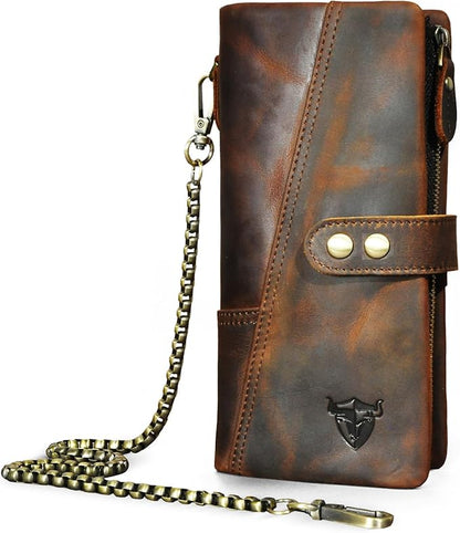 Genuine Crazy Horse Leather Travel Gift Coin Pocket Card Case Long Organizer Chain Rfid Wallet Purse With Snap For Men Male 1803 1815 (1803 Brown)