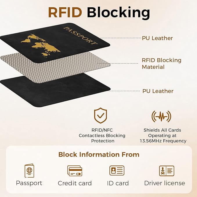 Passport Holder for Travel Women Men - Passport Cover Wallet with Airtag Slot - RFID Blocking PU Leather Passport Holder Case with Card Holder, Pen Slot - Black