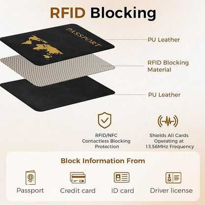 Passport Holder for Travel Women Men - Passport Cover Wallet with Airtag Slot - RFID Blocking PU Leather Passport Holder Case with Card Holder, Pen Slot - Black