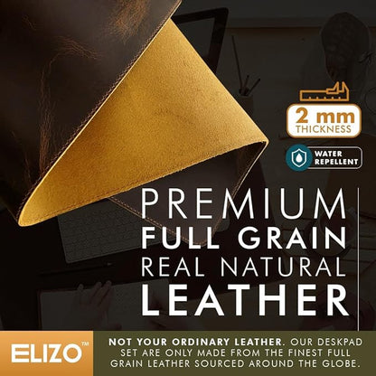 Elizo Real Leather Desk Mat Set (32x16) Large Desk Cover Desk Blotter Protector Computer Gaming Mouse Pad Table Laptop Office Desktop Accessories