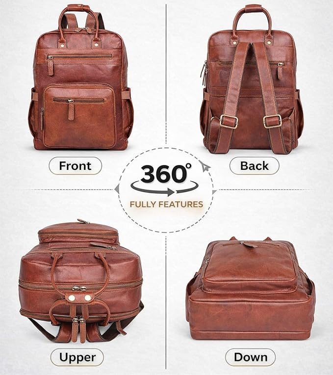 Genuine Leather Laptop Backpack for Men & Women, 16 Inch Vintage Brown Leather Backpack, Professional Work Computer Bag, Travel Rucksack for Office, Business & College