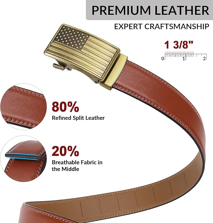 SANSTHS Mens Ratchet Belts Leather 1 3/8" for Men Dress and Casual, Adjustable Click Belts with American Flag Buckles