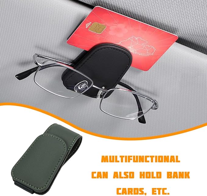 Sunglasses Holder for Car Visor, Microfiber Leather Magnetic Sun Visor Eyeglasses Hanger & Ticket Card Clip, Multi-Function Automotive Interior Glasses Mount, Universal Fit (Black Green)