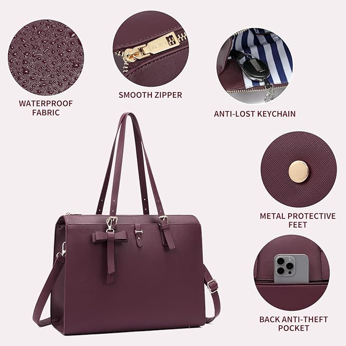Keyli 4pc Sets Laptop Bag for Women Large Leather Laptop Briefcase with USB Charging Port Computer Shoulder tote Bags Purse