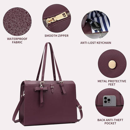 Keyli 4pc Sets Laptop Bag for Women Large Leather Laptop Briefcase with USB Charging Port Computer Shoulder tote Bags Purse