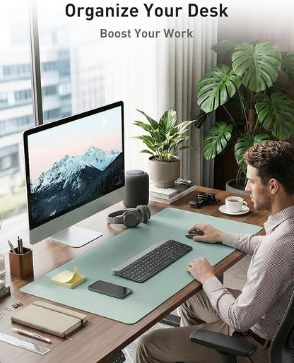 Aothia Faux Leather Desk Mat - Non-Slip PU Leather Desk Blotter, Waterproof Writing Surface, Large Desk Pad for Office & Home (Light Blue, 55" x 24")