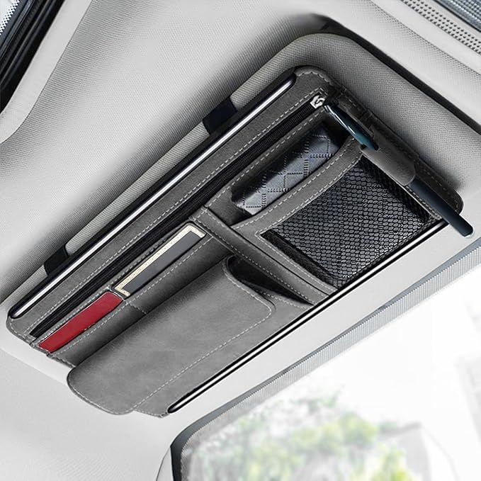 Car Sun Visor Organizer, Leather Vehicle Visor Card License Storage Pouch with Glasses Holder, Multifunctional Auto Interior Sunshade Document Pocket Organizer, Universal for Vehicles (Gray)
