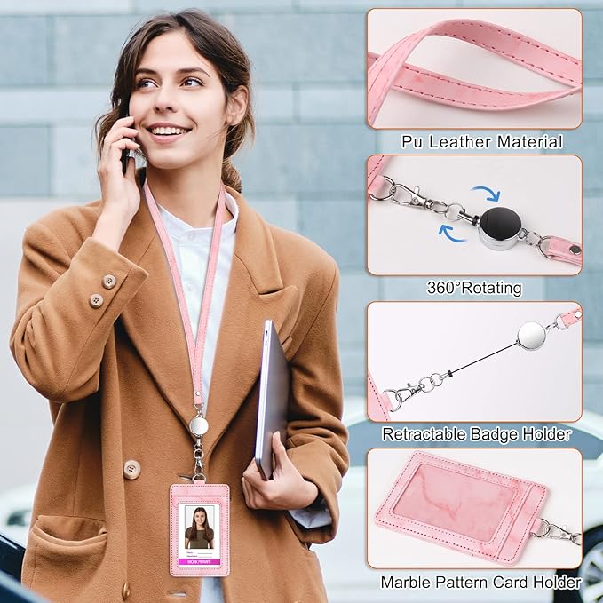 ID Badge Holder with Lanyard Marble Pattern Retractable Badge Holder PU Leather with Clear ID Window 1 Credit Card Case Name Badge Keychain Tags Protector for Women Nurse Teacher Office (Pink)