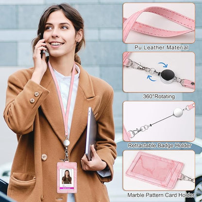 ID Badge Holder with Lanyard Marble Pattern Retractable Badge Holder PU Leather with Clear ID Window 1 Credit Card Case Name Badge Keychain Tags Protector for Women Nurse Teacher Office (Pink)