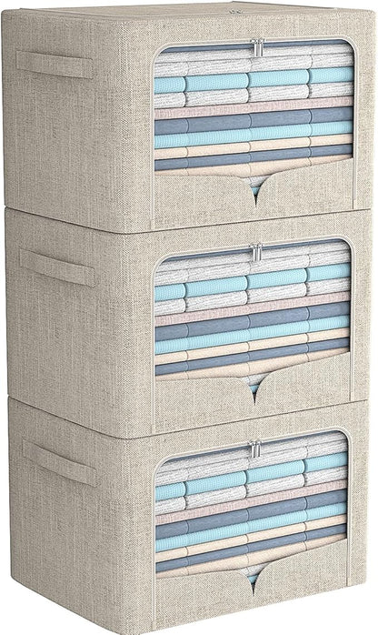 FHSQX 3 Pack Clothes Storage Bins - Foldable Metal Frame Storage Box - Stackable Linen Fabric Container Organizer Set with Carrying Handles and Clear Window (Beige, 19.7x15.7x13inch(66L))