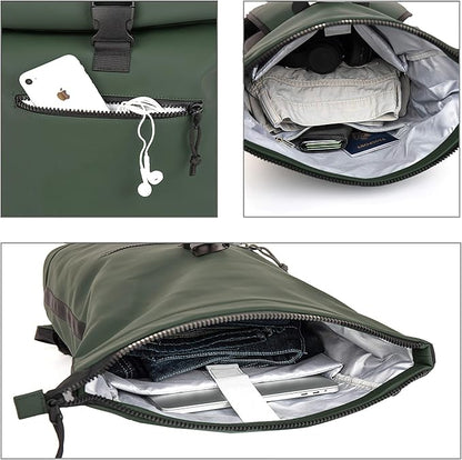 X RAY Roll Top Laptop Backpack for Men Women, PU Leather Expandable Roll Up Backpack Capacity Adjustable 22L & Fits 15.6" Laptop, Dark Olive