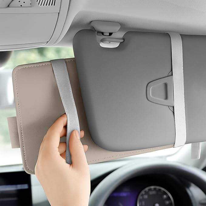 EcoNour Car Sun Visor Organizer (Beige) | Multi-Pocket Net Zipper Case for Cash, Card, Pen & Sunglass | Visor Organizer Storage Pouch | Interior Accessories with Pocket for Car & Truck | Small
