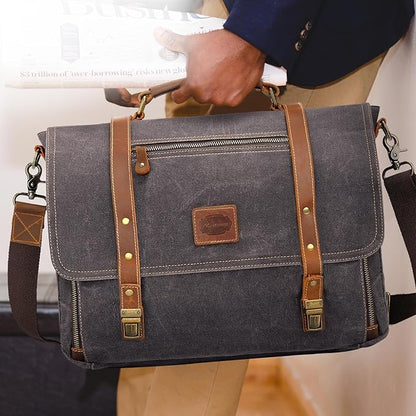 Manificent Laptop Messenger bag for Mens 15.6 Inch, Waterproof Vintage Genuine Leather Mens Briefcase shoulder bag 16 Storage Pockets, Waxed Canvas Leather Computer Business Satchel Work Bag (Gray)