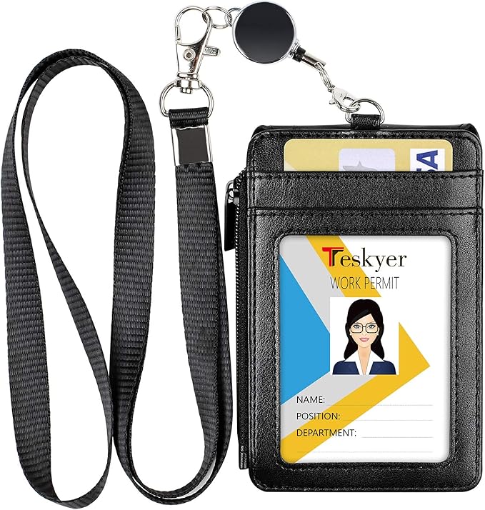 Teskyer Leather Badge Holder with Lanyard and Retractable Badge Reel, 4 Card Slots ID Card Holder with 1 Zipper Pocket for Office School Name Work IDs, Black