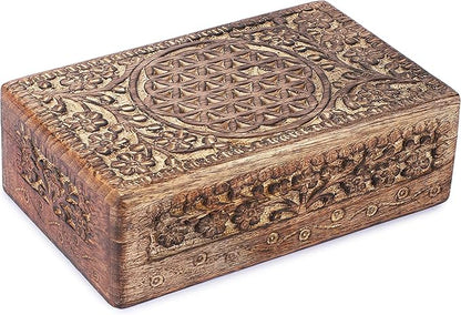 Ajuny Wooden Hand Carved Jewelry Box - Mango Wood Celtic Flower Carving Decorative Keepsake Box, Memory Box Organizer Travel Treasure Chest Trinket Holder Case Great Gifts 8x5 Inch