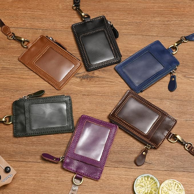 Wonderpool Leather ID Badge Holder with Zipper Wallet Pouch - Card Slots Case Detachable Neck Lanyard and Retractable Badge Reel for Office School Hospital Exhibition ID (Red Brown)
