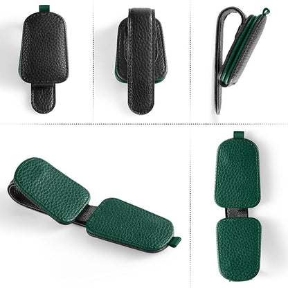 SINGARO Sunglasses Holder for Car, Leather Magnetic Buckle Sun Visor Sunglass Clip, Ticket Card Storage Glasses Clip, Car Interior Accessories for Men and Women（2PCS Black-Green）
