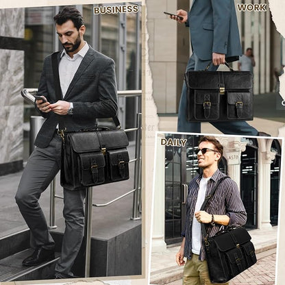 RAINSMORE Mens Messenger Bag 15.6 Inch Leather Vintage Laptop Briefcase Waterproof Computer Laptop Bag Leather Satchel Bag Large Shoulder Bag for Office Work Travel College, Black