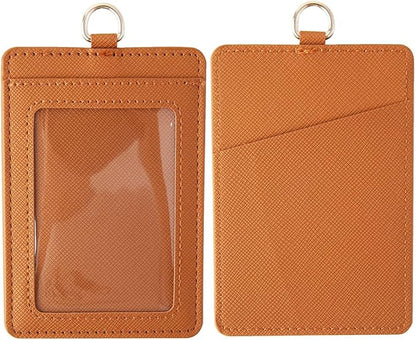 Badge Holders,Leather ID Badge Holder,Vertical Leather ID Badge Card Holder with 1 Clear ID Window and 1 Detachable Neck Lanyard for Offices ID,School ID (Brown)
