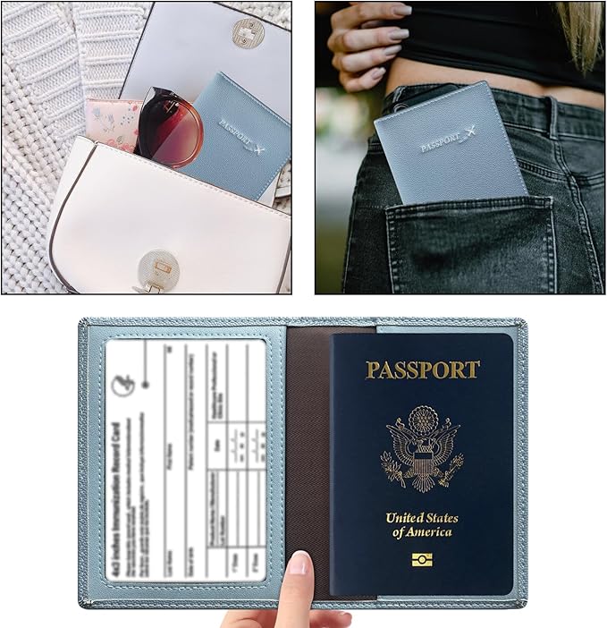 Genuine Leather Passport Cover Wallet, Ultra Slim Case with Vaccine Card Slot, RFID Blocking (Ice Blue)