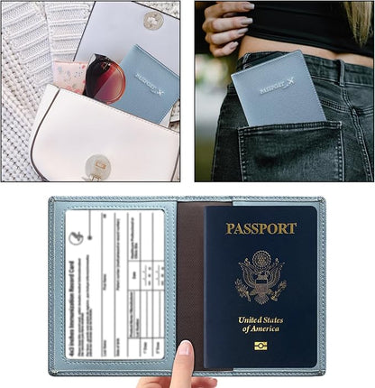 Genuine Leather Passport Cover Wallet, Ultra Slim Case with Vaccine Card Slot, RFID Blocking (Ice Blue)