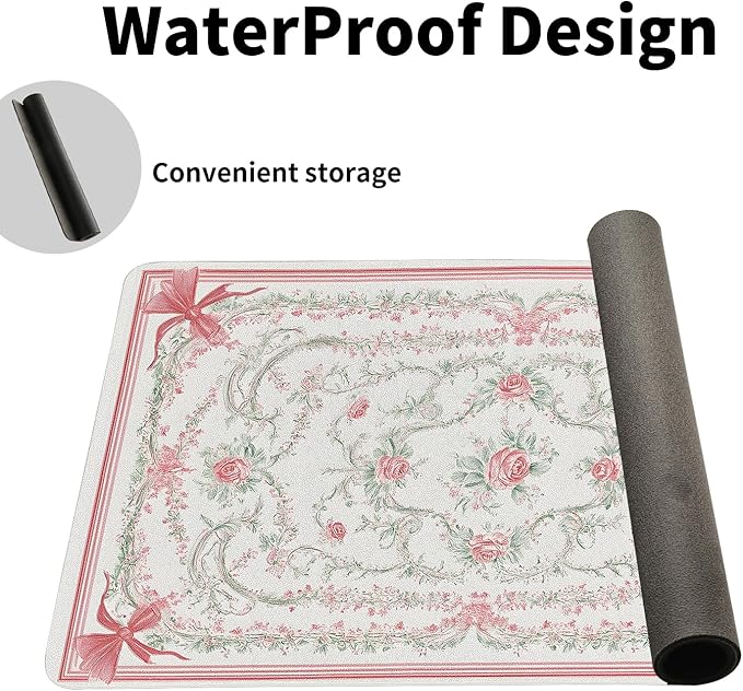 Vintage Floral Desk Mat for Women, Large PU Leather Desk Pad with Non-Slip Base, Elegant Office Keyboard Cover an Elegant and Thoughtful Gift for Women（31.5 * 15.75in）