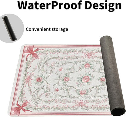 Vintage Floral Desk Mat for Women, Large PU Leather Desk Pad with Non-Slip Base, Elegant Office Keyboard Cover an Elegant and Thoughtful Gift for Women（31.5 * 15.75in）