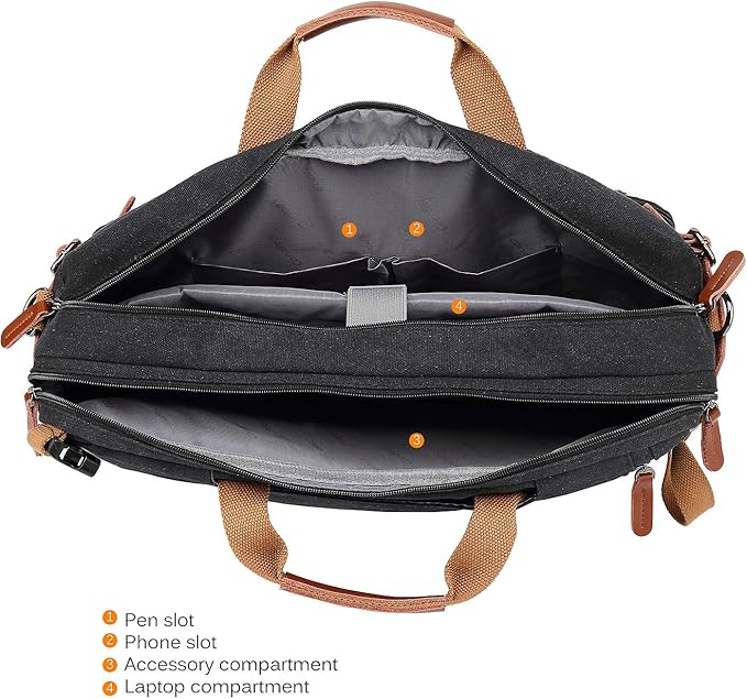 CoolBELL Convertible Backpack Messenger Shoulder bag Laptop Case Handbag Business Briefcase Multi-functional Travel Rucksack Fits 17.3 Inch Laptop For Men/Women (Canvas Black)
