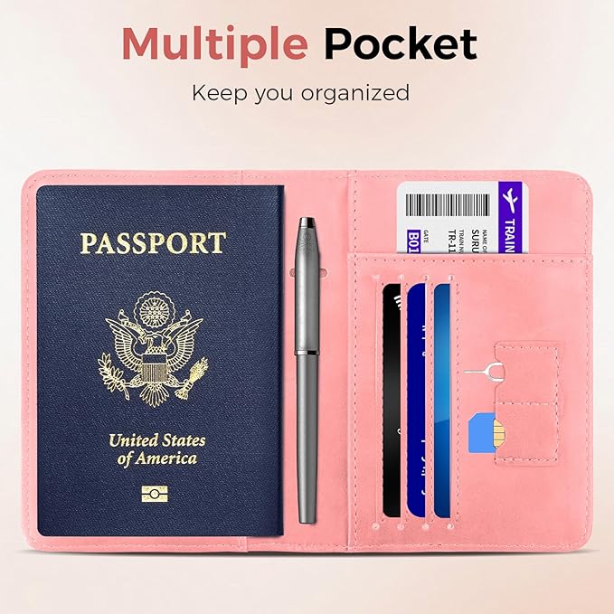 Passport Holder for Travel Women Men - Passport Cover Wallet with Airtag Slot - RFID Blocking PU Leather Passport Holder Case with Card Holder, Pen Slot - Pink