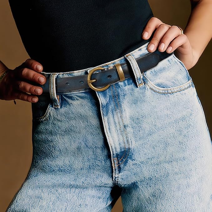 SANSTHS Womens Genuine Leather Belts for Jeans Pants Trendy Vintage Thin Leather Belt Gold Buckle Ladies Skinny Waist Belt