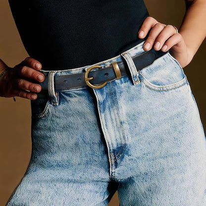 SANSTHS Womens Genuine Leather Belts for Jeans Pants Trendy Vintage Thin Leather Belt Gold Buckle Ladies Skinny Waist Belt