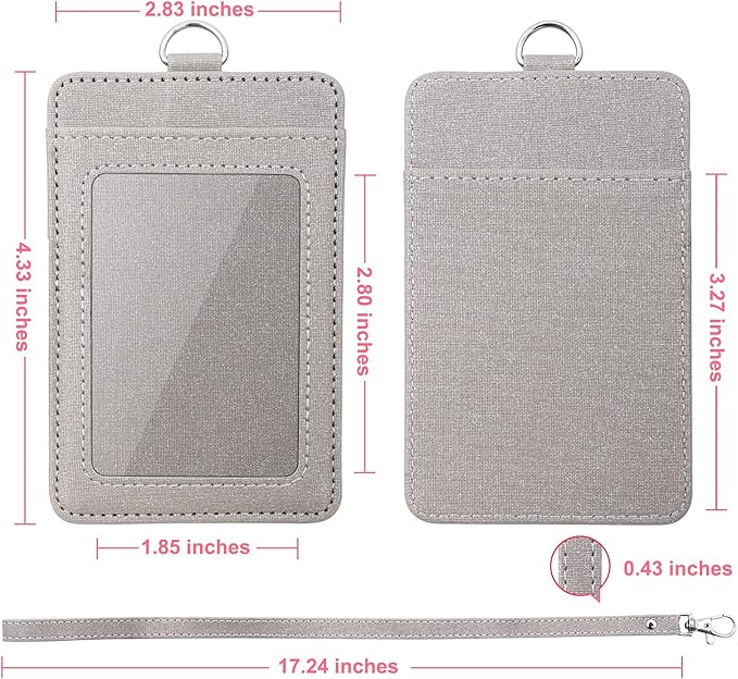 Life-Mate ID Badge Holder with 1 Clear ID Window, 1 Credit Card Slot and PU Leather Lanyard for Badge, Credit Cards, College ID Cards in Glitter Gray