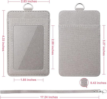 Life-Mate ID Badge Holder with 1 Clear ID Window, 1 Credit Card Slot and PU Leather Lanyard for Badge, Credit Cards, College ID Cards in Glitter Gray