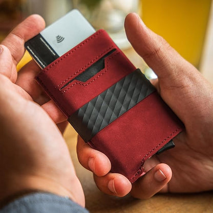 Hacksmith The Smith Wallet – Slim RFID Blocking Wallet for Men – Minimalist Front Pocket Wallet with Money Clip Band – Tactical Leather and Metal Wallets for Credit Cards & Cash (Smoke Red)