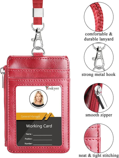 Teskyer Badge Holder with Side Zip Pocket, Multiple Card Slots Leather ID Holder Wallet with Neck Lanyard for Office Staffs, Teachers/Students, Couriers, Workers, Red