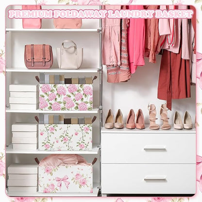 Boao 3 Pcs Pink Hydrangea Foldable Storage Baskets Pink Flower Laundry Basket with Handles Waterproof Storage Bins Fabric Shelf Baskets for Organizing Closet Clothes