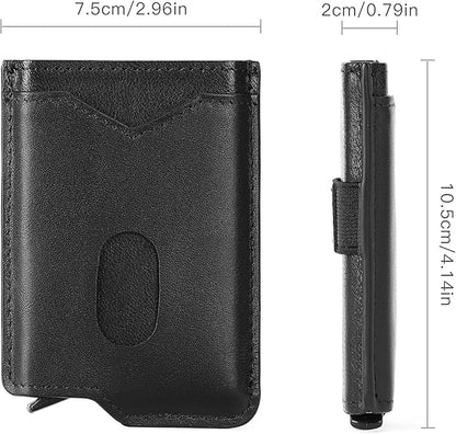 Slim Smart Mens Wallet Minimalist Genuine Leather Card Holder Cash Card Back Belt Wallet RFID Blocking Pop Up Aluminum Case Credit Card Wallet