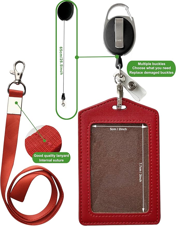 ID Card Case + Heavy Duty Lanyard (Red)+ Badge Holder Retractable Reel Carabiner and Plastic Clip (Soft Genuine Leather Case)