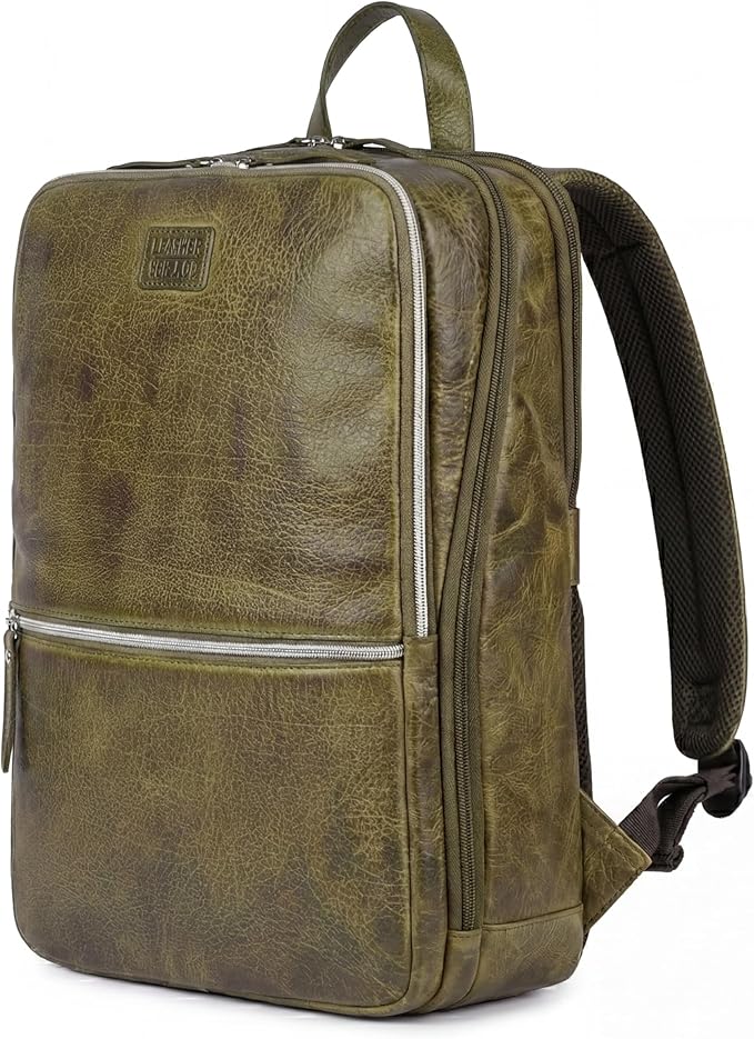 LEATHER VILLAGE Leather Laptop Backpack for Men | Olive | Slim Professional Business Bag Fits 15.6”-Laptop | Water-Repellent Work & Travel Daypack with Trolley Strap