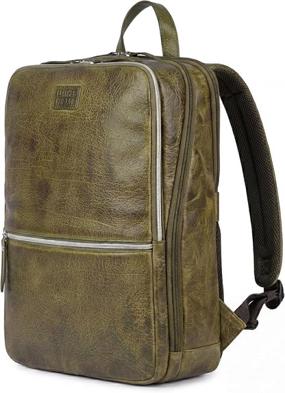 LEATHER VILLAGE Leather Laptop Backpack for Men | Olive | Slim Professional Business Bag Fits 15.6”-Laptop | Water-Repellent Work & Travel Daypack with Trolley Strap