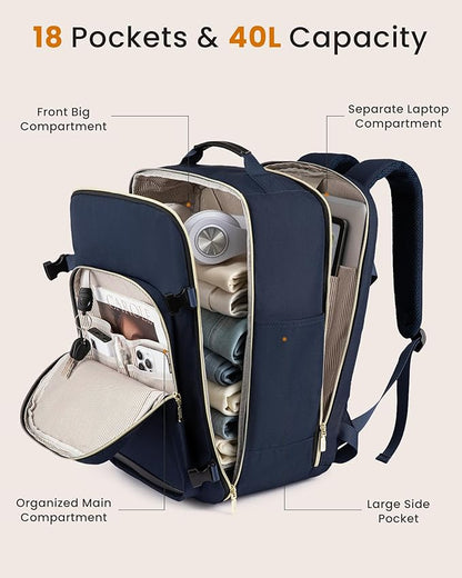 LOVEVOOK 40L Large Travel Backpack for Women Men, 17 Inch Carry on Backpack for Traveling on Airplane, Personal Item Travel Bag Airline Approved, Business Causal Weekender Backpack, Blue-Black