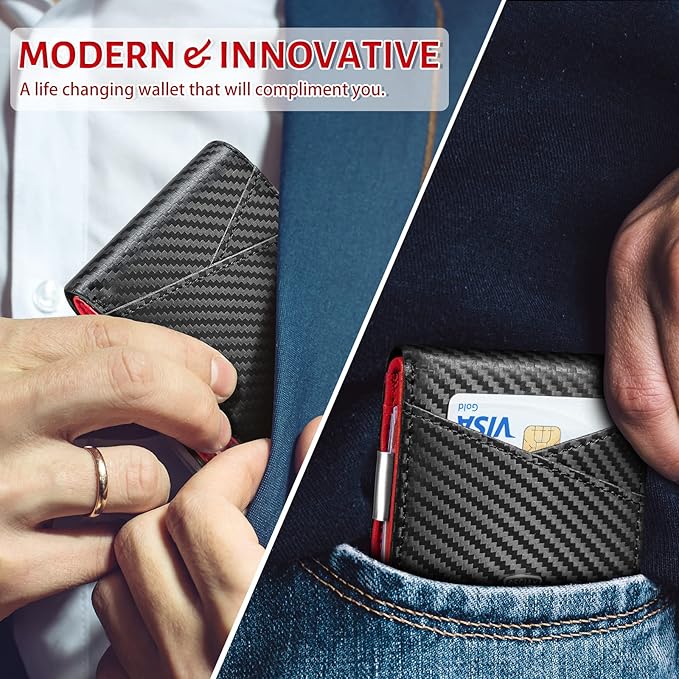 GSOIAX Slim Leather RFID Bifold Wallet for Men Minimalist Front Pocket Wallet with Money Clip,12 Card Slots,ID Window,Cool Groove Design,Includes Gift Box (Carbon Red)