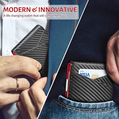 GSOIAX Slim Leather RFID Bifold Wallet for Men Minimalist Front Pocket Wallet with Money Clip,12 Card Slots,ID Window,Cool Groove Design,Includes Gift Box (Carbon Red)