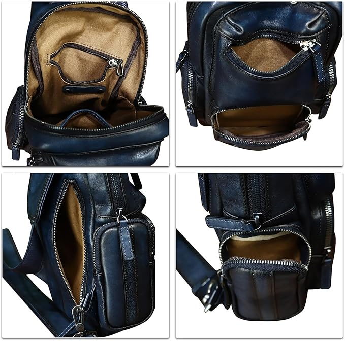 IVTG Genuine Leather Sling Bag Crossbody Casual Hiking Daypack Vintage Handmade Chest Bag Shoulder Backpack Motorcycle Pack (Blue)