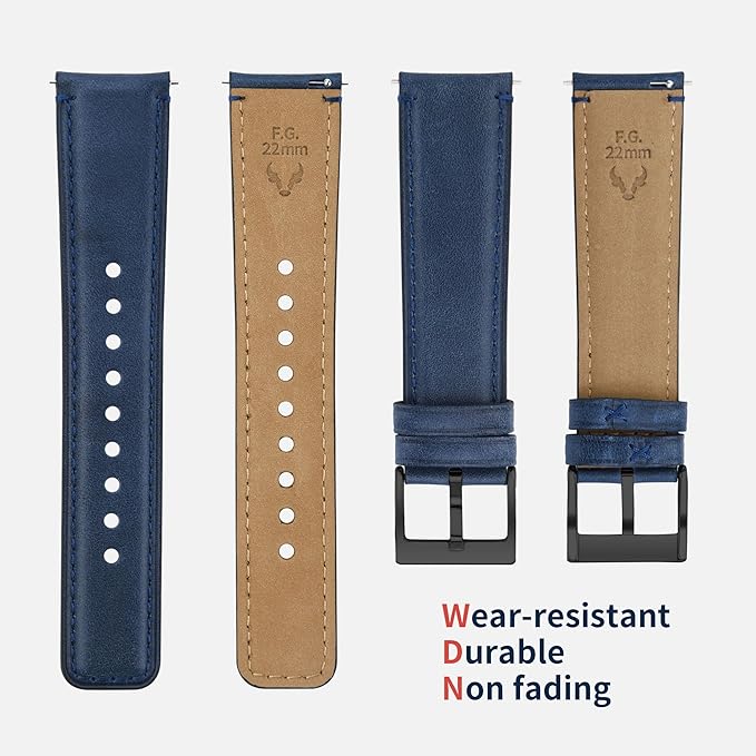 Fullmosa Watch Bands,18mm 20mm 22mm Quick Release Leather Watch Band Strap - Burnished Leather Watch Band Vintage Wristband (Dark Blue+Smoky grey Hardware, 20mm)