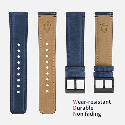 Fullmosa Watch Bands,18mm 20mm 22mm Quick Release Leather Watch Band Strap - Burnished Leather Watch Band Vintage Wristband (Dark Blue+Smoky grey Hardware, 20mm)