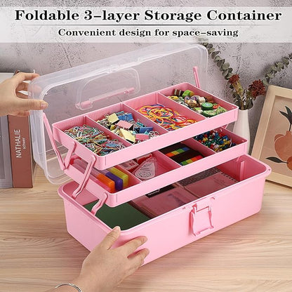 Tackle Box, 16-Inch Extra Large Art Storage Box with 3-Layer Folding Trays, Multipurpose Craft Organizers and Storage w/ Adjustable Dividers, Portable Tool Box for Sewing Supplies,Medicine &Cosmetics